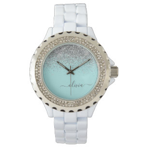 Reloj De Pulsera Aqua Azul Verde Teal Plata Brillante Monograma