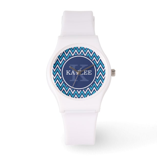 Reloj De Pulsera Aqua Blue Chevron y Monograma de la Marina Moderna (Anverso)