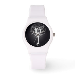 Reloj De Pulsera Árbol blanco y negro de la yoga con la mujer y el