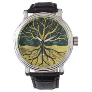 Reloj De Pulsera Árbol de la vida de oro Yggdrasil en la malaquita