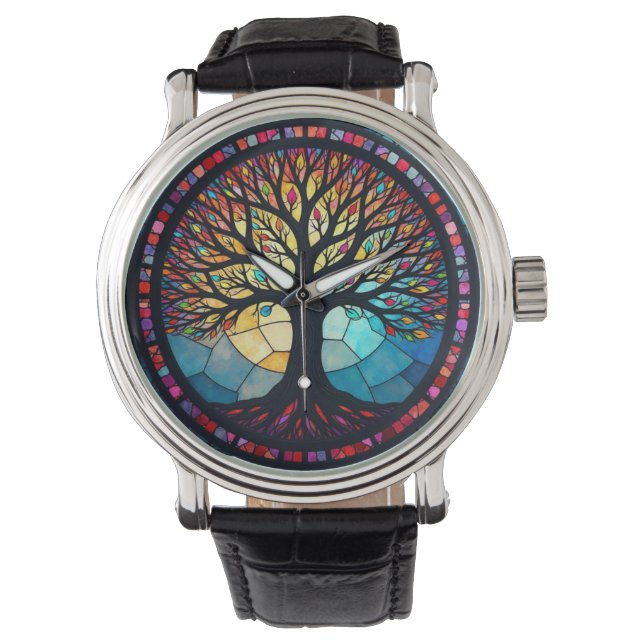 Reloj De Pulsera Árbol de la Vida de Vidrio Emplomado (Anverso)