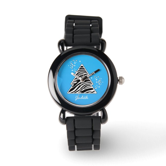 Reloj De Pulsera Árbol de navidad azul zebra (Anverso)