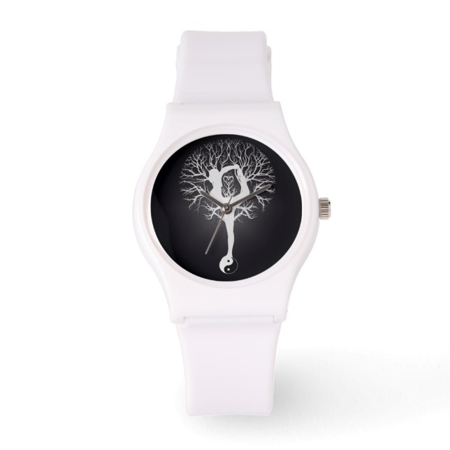 Reloj De Pulsera Árbol de yoga blanco y negro con mujer y yin yang. (Anverso)