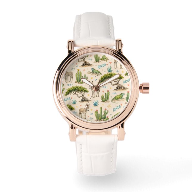 Reloj De Pulsera árbol divi de Aruba, burro, iguana, cactus (Anverso)