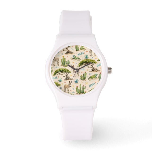 Reloj De Pulsera árbol divi de Aruba, burro, iguana, cactus (Anverso)
