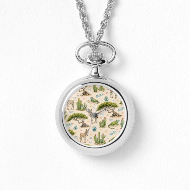 Reloj De Pulsera árbol divi de Aruba, burro, iguana, cactus (Anverso)
