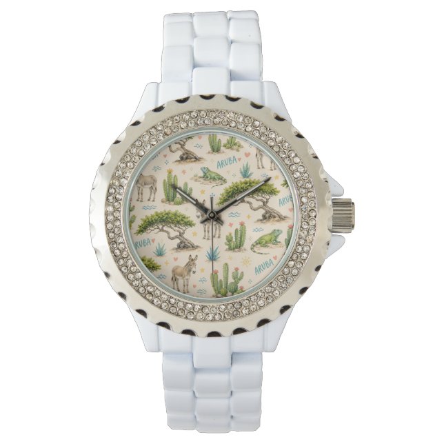 Reloj De Pulsera árbol divi de Aruba, burro, iguana, cactus (Anverso)