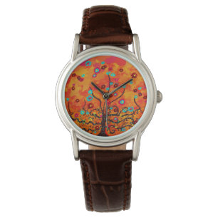 Reloj De Pulsera Árbol Marrón De Vida Con Flores Y Color Naranja Bo