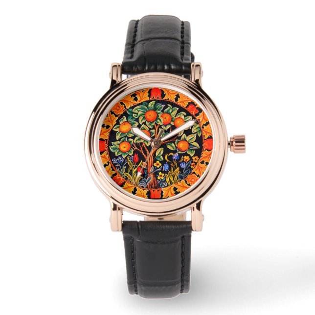 Reloj De Pulsera ÁRBOL naranja CON HOJAS VERDES, FLORES (Anverso)