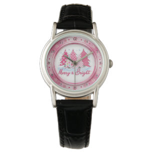 Reloj De Pulsera Árboles de Navidad Rosados Diseño Circular de Fies