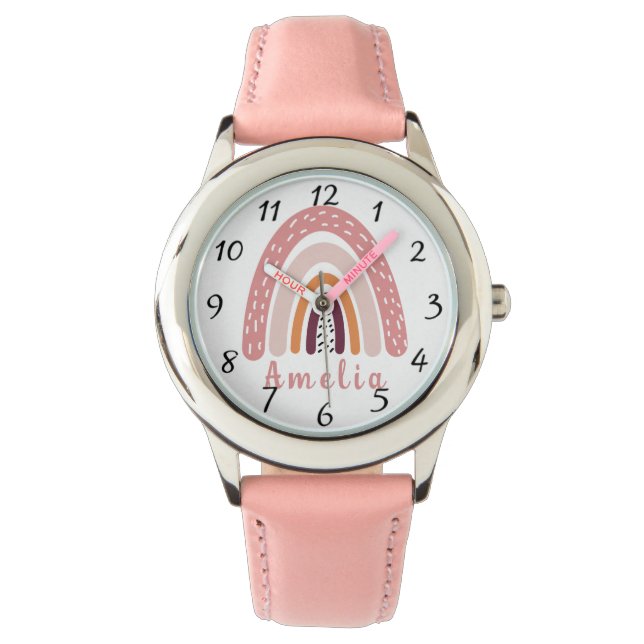 Reloj De Pulsera Arcoiris de boho rosa con nombre personalizado (Anverso)