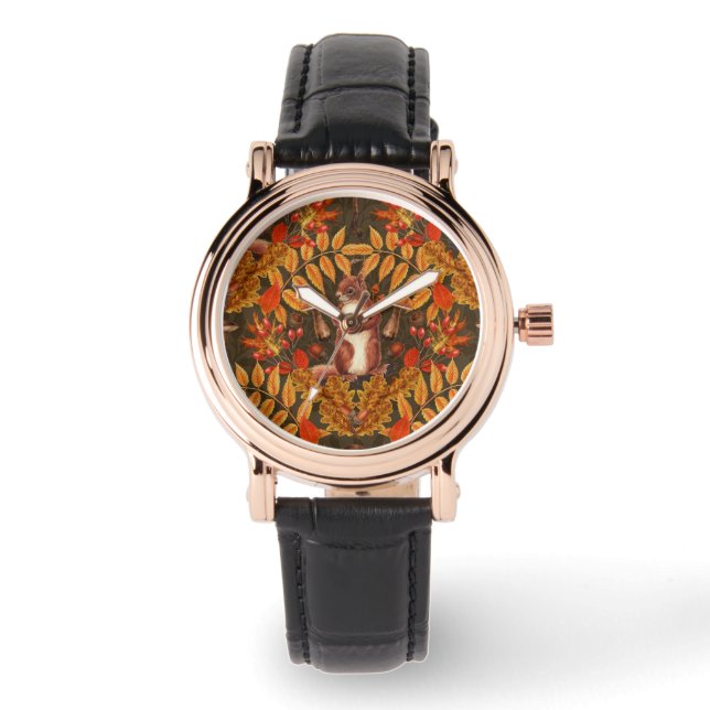 Reloj De Pulsera Ardilla otoñal sobre marrón oscuro (Anverso)