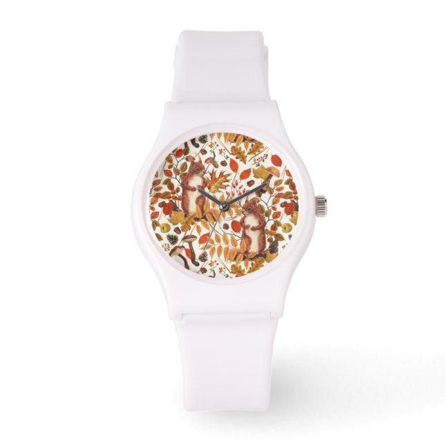 Reloj De Pulsera Ardillas otoñales y flora otoñal en blanco roto (Anverso)