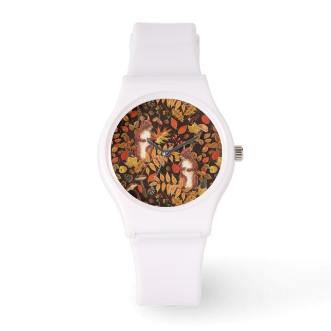 Reloj De Pulsera ardillas y flora otoñales en marrón oscuro (Anverso)