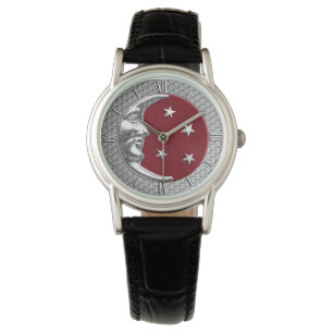 Reloj De Pulsera Art Deco Luna Luna y Estrellas, Rojo Oscuro y Plat