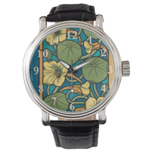 Reloj De Pulsera Art Nouveau Nasturtium Azul Oro floral Verneuil