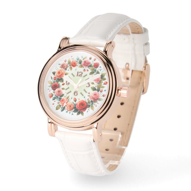 Reloj De Pulsera Art Print Watercolor Roses Wreath (Ángulo)