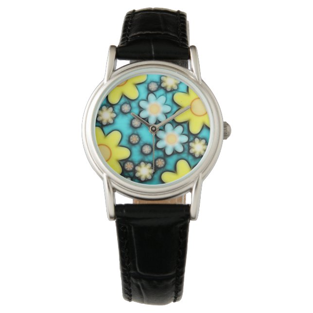 Reloj De Pulsera Arte de energía de flores amarillas y azules (Anverso)