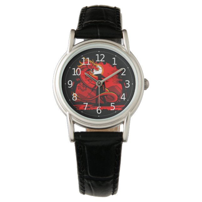Reloj De Pulsera Arte de estilo japonés del Dragón rojo negro de Sa (Anverso)