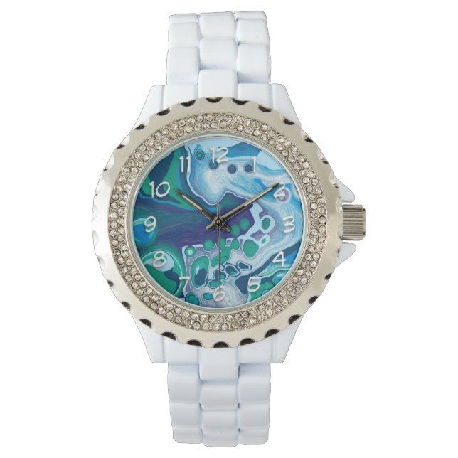 Reloj De Pulsera Arte de fluidos de mármol digital azul y verde (Anverso)