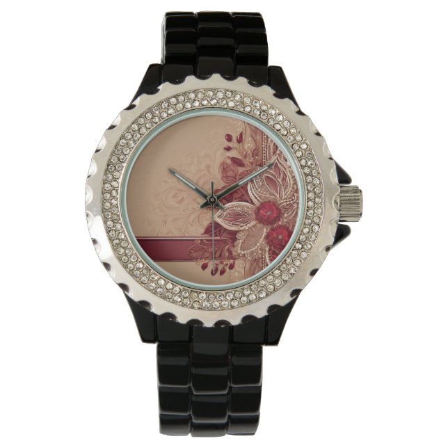 Reloj De Pulsera Arte de IA floral de la cinta roja (Anverso)