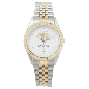 Reloj De Pulsera Arte de Monograma de la Marina Palma Dorada Tropic