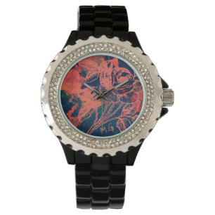 Reloj De Pulsera Arte de Monograma de Rosa Roja Abstracta