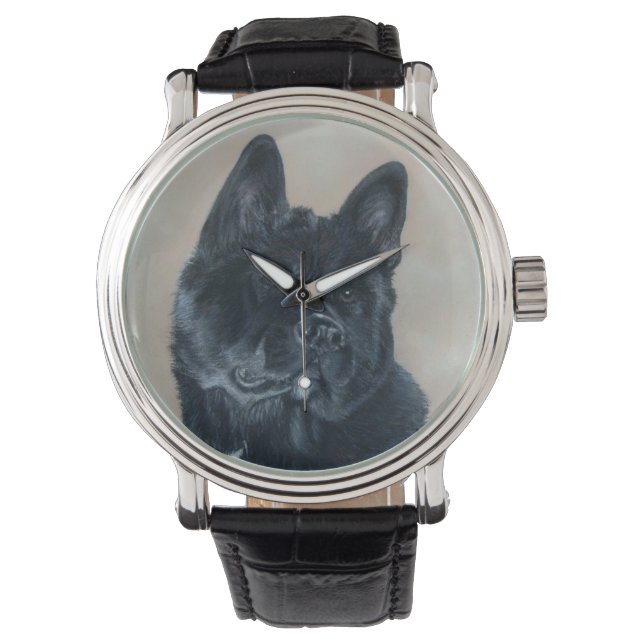 Reloj De Pulsera Arte de retrato de perro akita negro japonés/estad (Anverso)