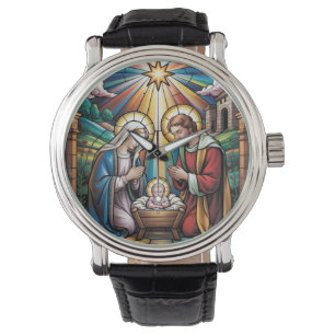 Reloj De Pulsera Arte de vidrio emplomado de la Natividad – Navidad