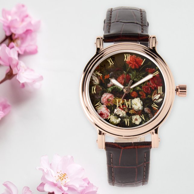 Reloj De Pulsera Arte floral elegante Rosa oro monogramado (Womens Floral Art Elegant Rose Gold Monogrammed Watch)