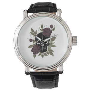 Reloj De Pulsera Arte floral oscuro personalizado de cráneo y rosas