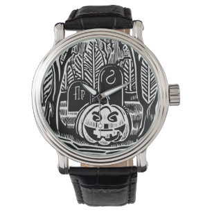 Reloj De Pulsera Arte genial de calabaza de Halloween en negro y bl