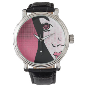 Reloj De Pulsera Arte Pop de Cómic Moderno de la Cara de una Mujer