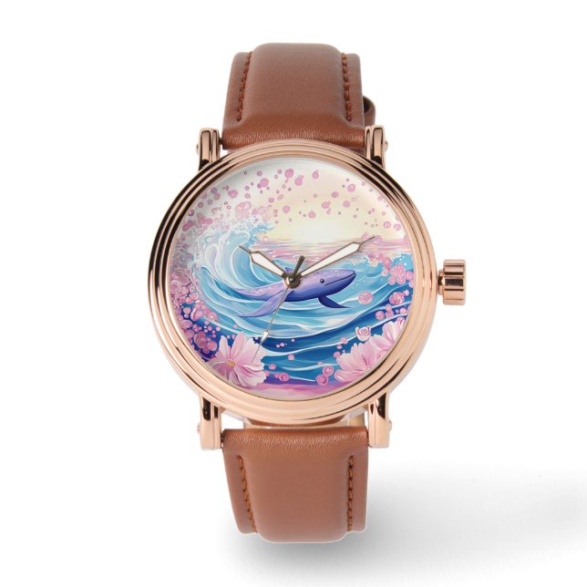Reloj De Pulsera Artes De Ballenas Azules Y Rosa Singulares (Anverso)