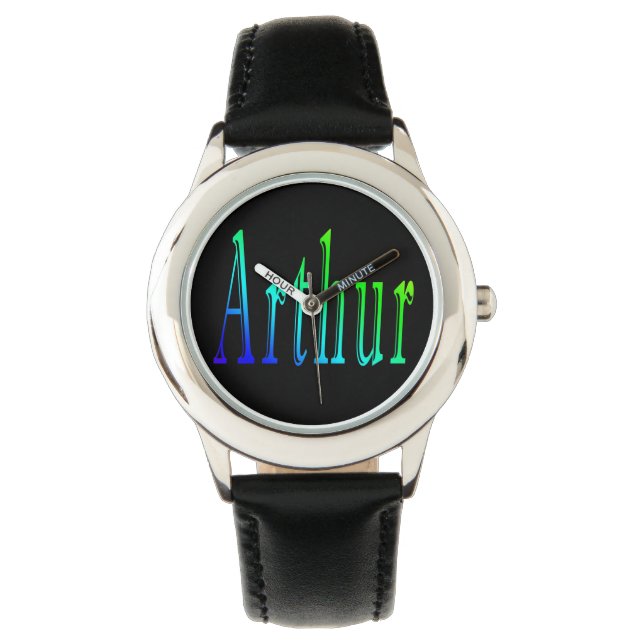 Reloj De Pulsera Arthur, Nombre, Logo, Boys Black Leather Watch. (Anverso)
