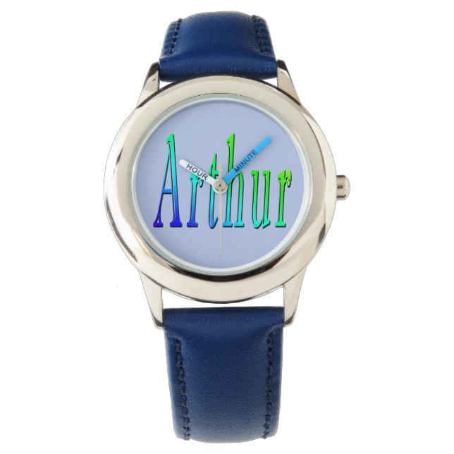 Reloj De Pulsera Arthur, Nombre, Logo, Boys Blue Leather Watch. (Anverso)