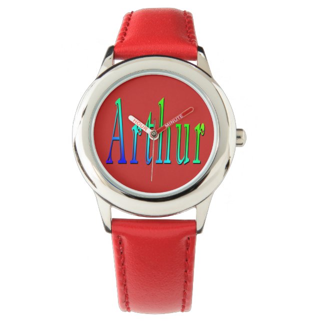 Reloj De Pulsera Arthur, Nombre, Logo, Boys Red Leather Watch. (Anverso)