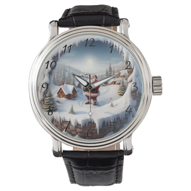 Reloj De Pulsera Artistic Christmas Santa and Snowy Village Scene (Anverso)
