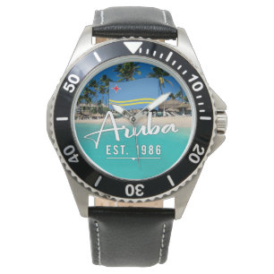 Reloj De Pulsera "Aruba Est. 1986" Playa Con Bandera