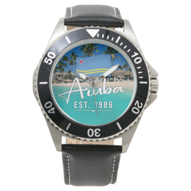 Reloj De Pulsera "Aruba Est. 1986" Playa Con Bandera (Anverso)