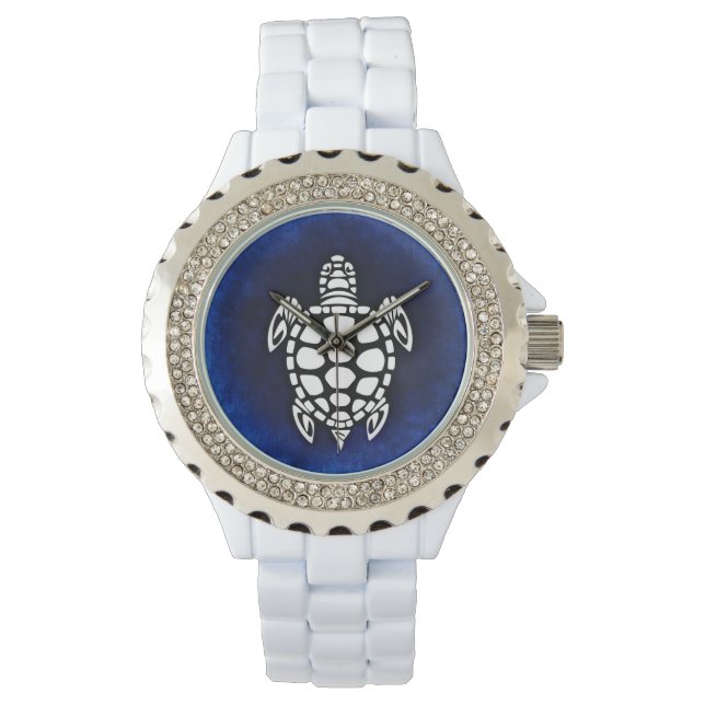 RELOJ DE PULSERA ASIENTO. TORTUGA. DECORACIÓN EN BLANCO Y NEGRO. (Anverso)