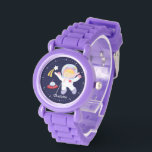 Reloj De Pulsera Astronauta Niña Personalizada<br><div class="desc">Este divertido reloj presenta un dulce ilustracion vector de un astronauta chica,  una estrella fugaz y una nave espacial con un fondo azul oscuro y puede ser personalizado con el nombre,  el monograma,  el original o cualquier texto de su elección para un regalo perfecto para el personalizado.</div>