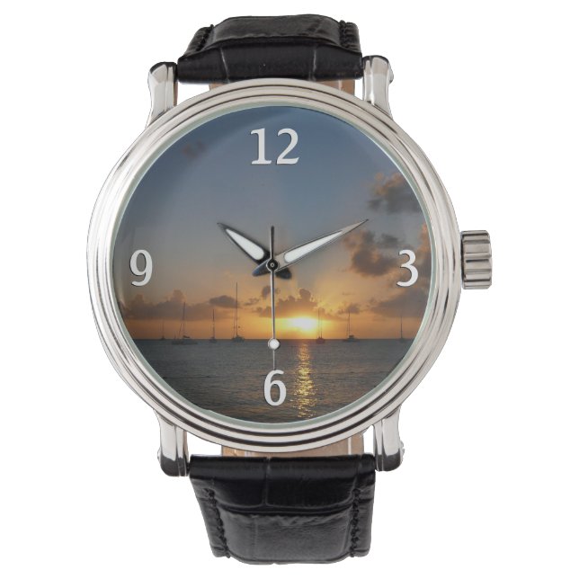 Reloj De Pulsera Atardecer con veleros paisaje tropical foto (Anverso)
