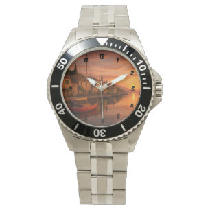 Reloj De Pulsera Atardecer dorado sobre pueblo costero