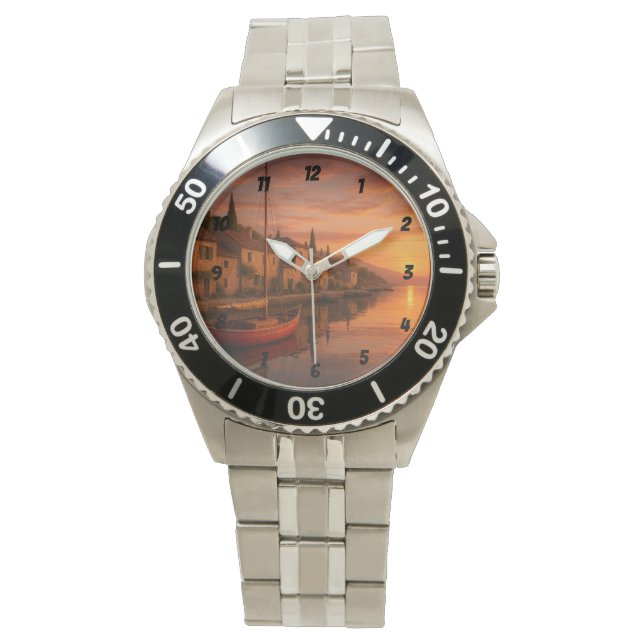 Reloj De Pulsera Atardecer dorado sobre pueblo costero (Anverso)