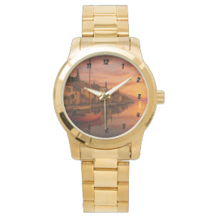 Reloj De Pulsera Atardecer dorado sobre pueblo costero