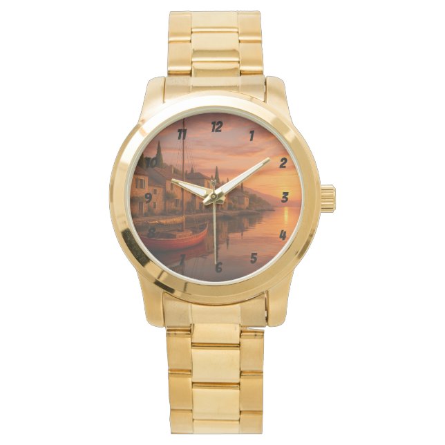 Reloj De Pulsera Atardecer dorado sobre pueblo costero (Anverso)