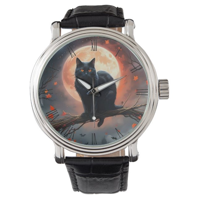 Reloj De Pulsera Aterrador Halloween Black Cat Moonlight, (Anverso)