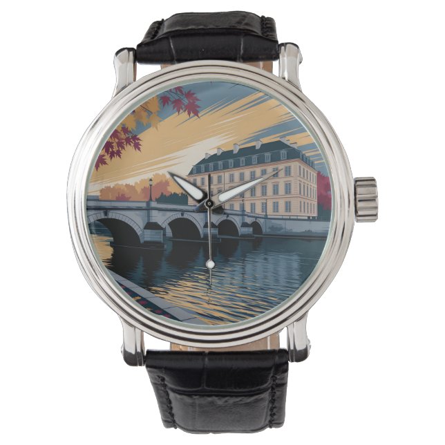 Reloj De Pulsera Autumn Riverside European City Illustration Art (Anverso)