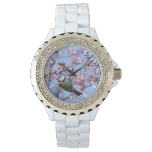 Reloj De Pulsera Ave azul en flores japonesas de cerezo rosa -